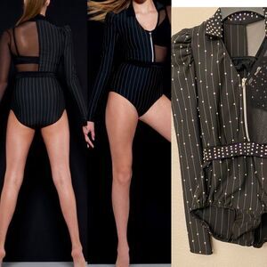 Kelle solo dance costume 3 piece black pin stripe leotard skirt 5333 stoned LC